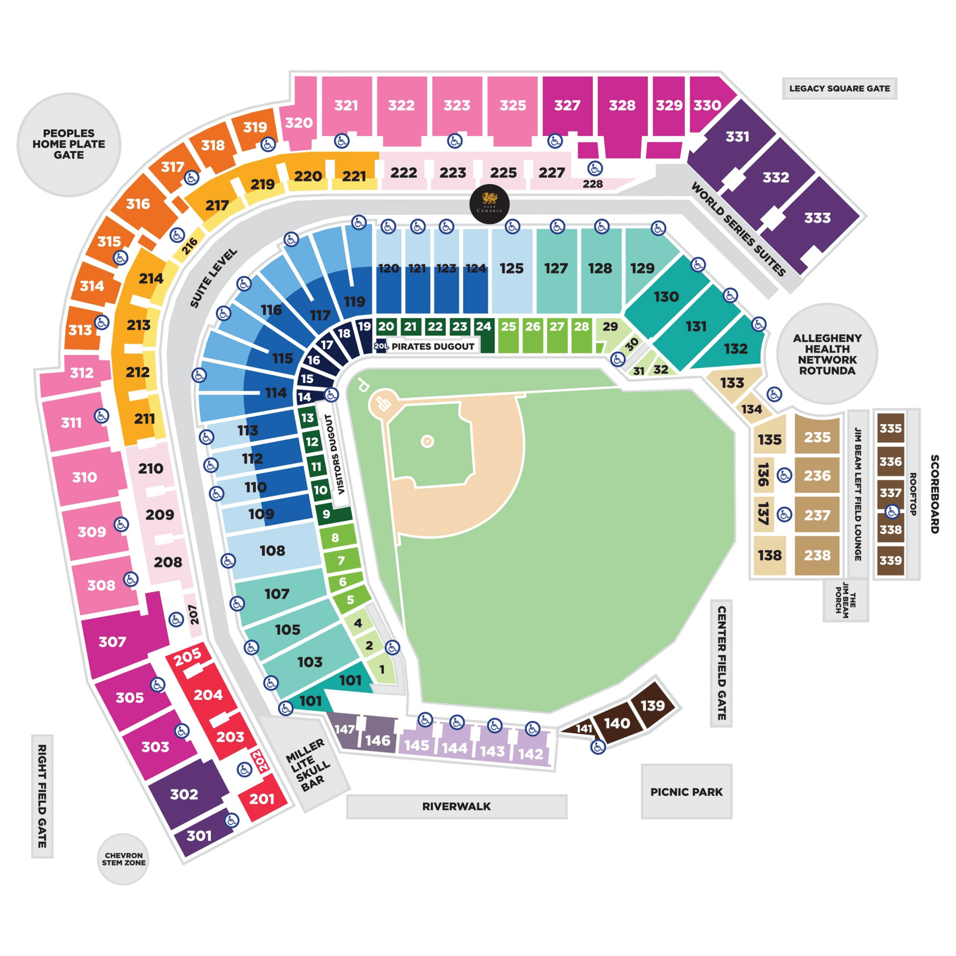 PNC Park seating chart with section numbers